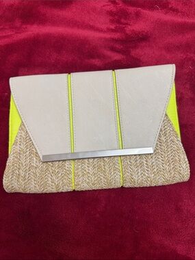 Express Beige & Neon Yellow Straw Clutch